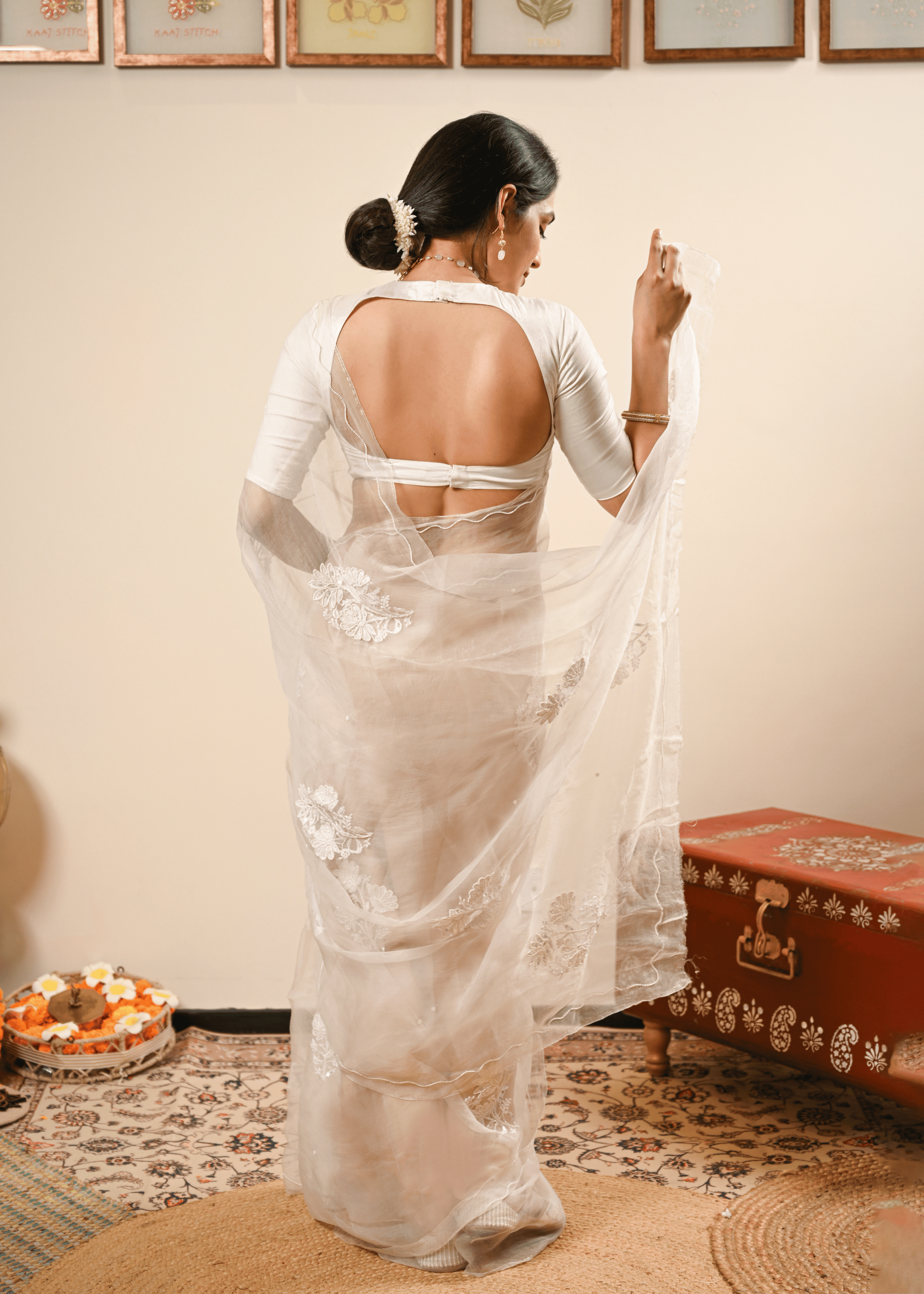 Ivory Organza Chikankari Saree