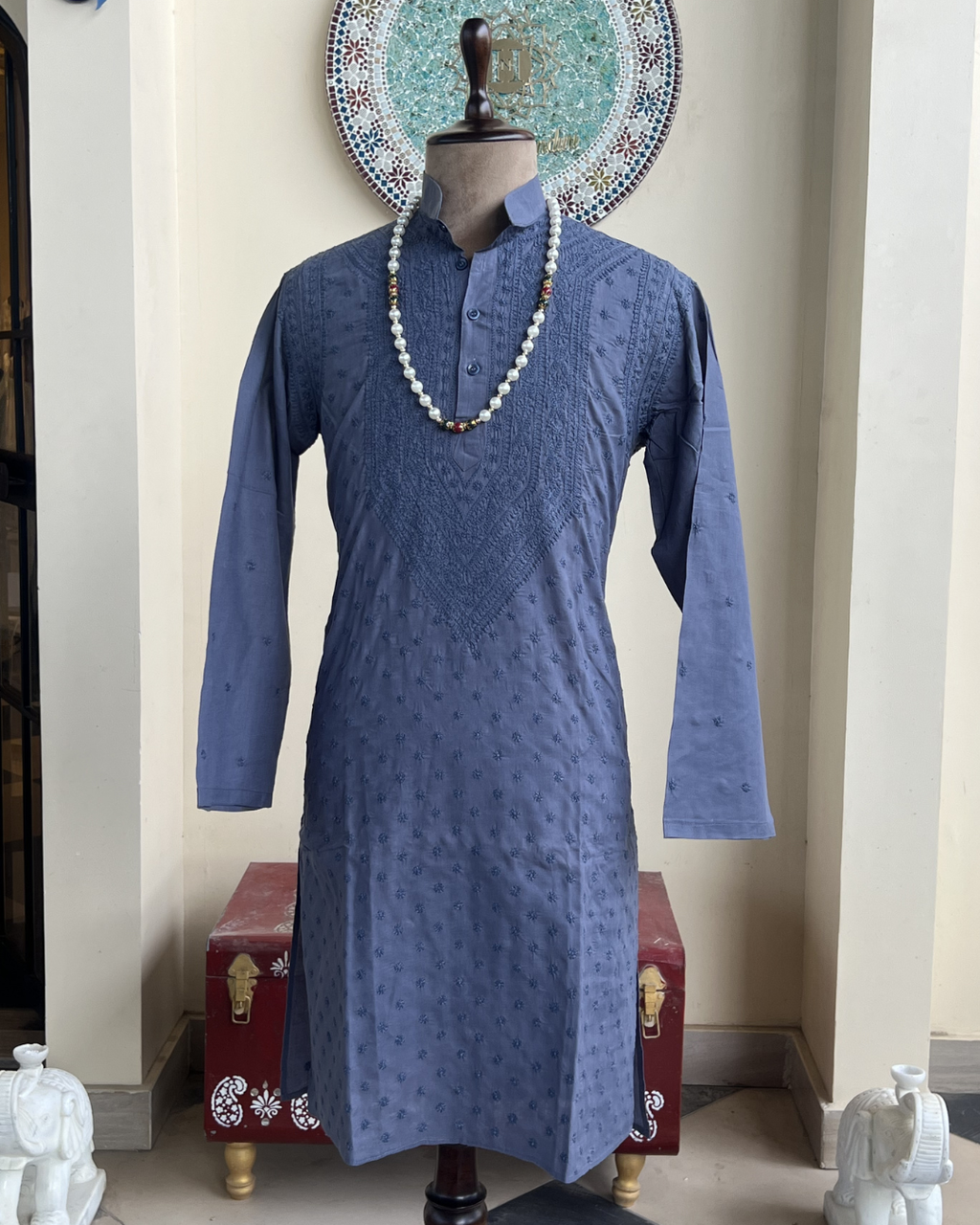 Men’s Dark Blue Chikankari Kurta Size 42 – Same Colour Thread Hand Embroidered Kurta | House of Nandini