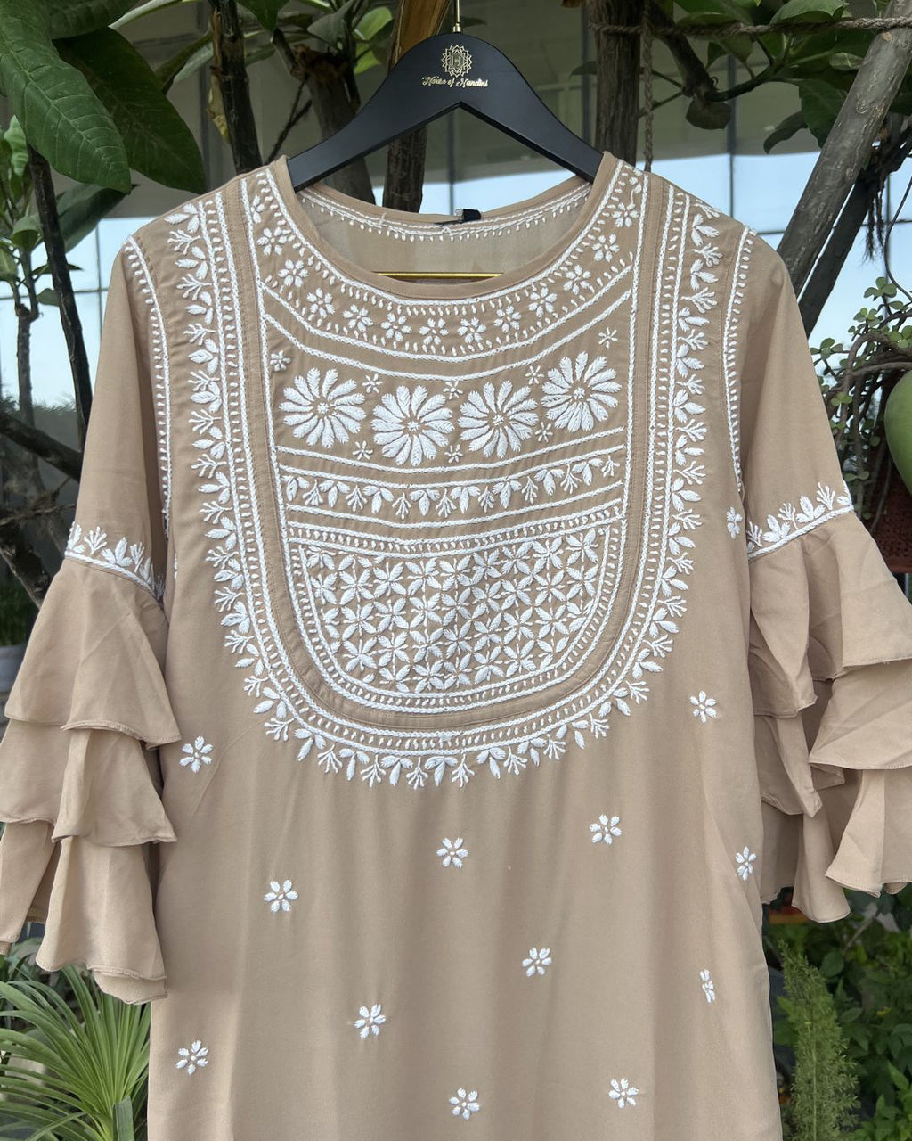 Chocolate Brown Long Chikankari Dress with White Embroidery | Lucknow Chikankari Gurgaon | Chikankari Studio Gurgaon