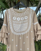 Chocolate Brown Long Chikankari Dress with White Embroidery | Lucknow Chikankari Gurgaon | Chikankari Studio Gurgaon