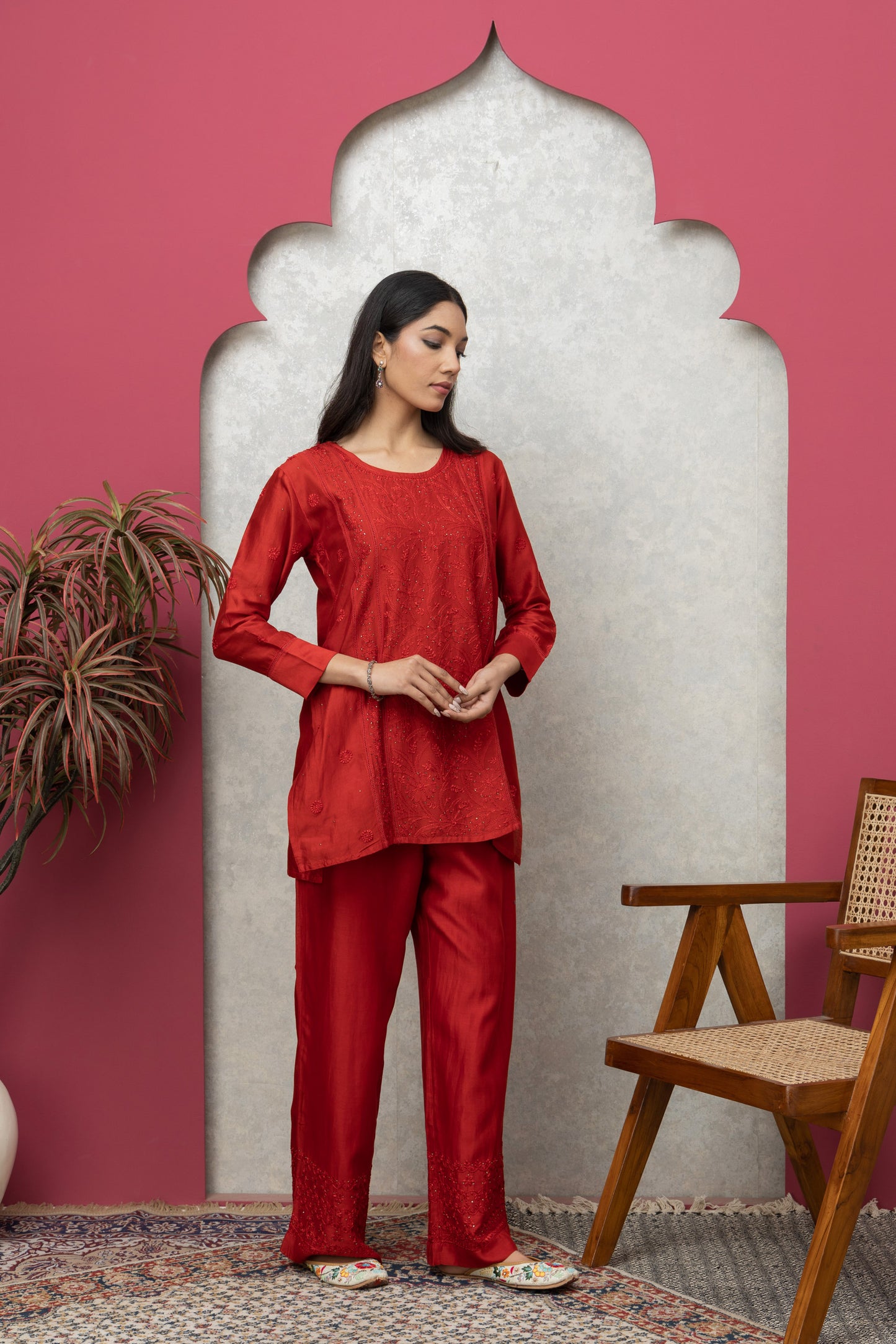 Red Chanderi silk kurti+pant