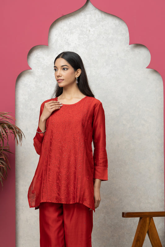 Red Chanderi silk kurti+pant