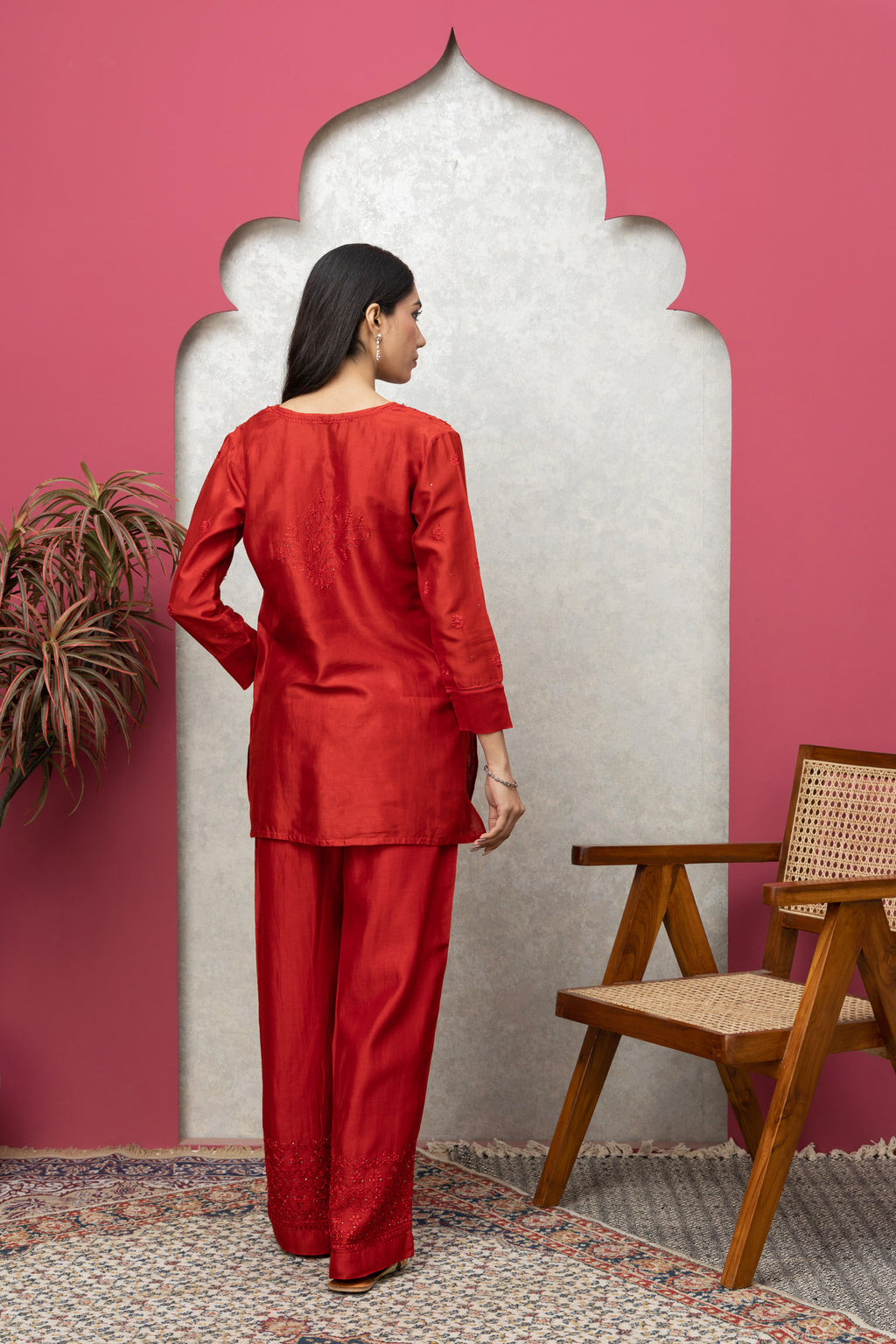 Red Chanderi Silk Kurti with Pant – Festive Elegance