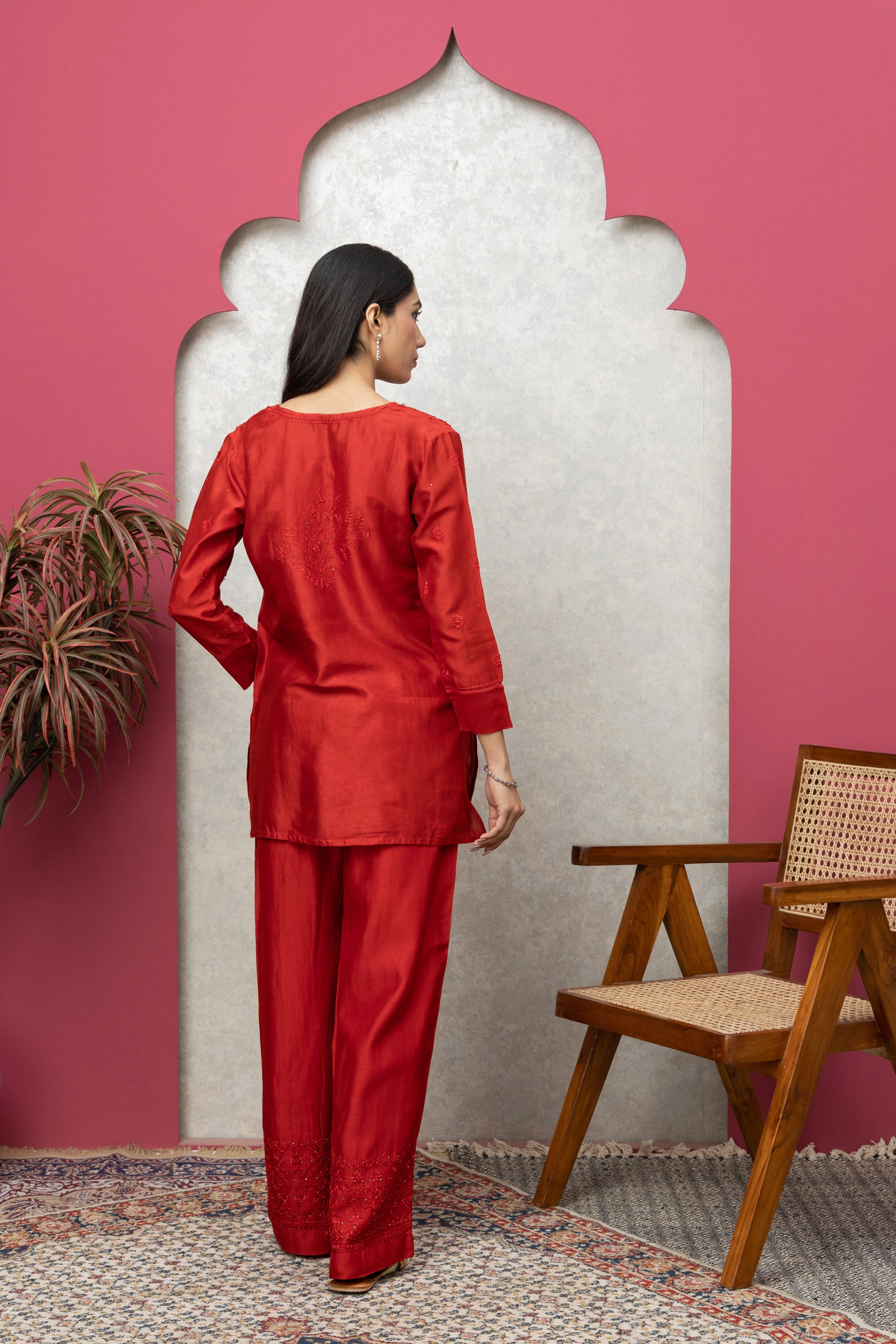 Red Chanderi Silk Kurti with Pant – Festive Elegance