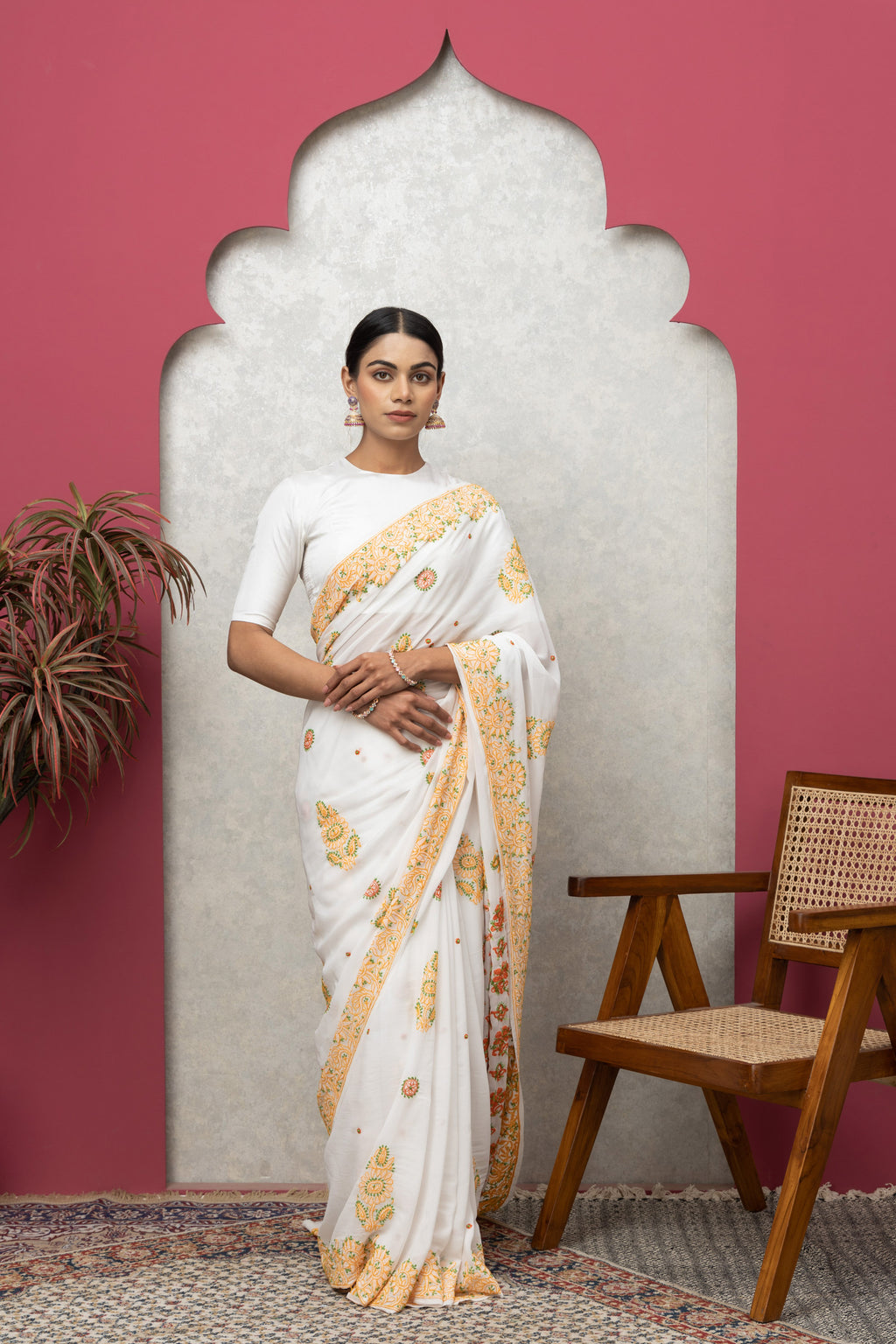 Off-White Saree with Colorful Chikankari Blouse – Elegant Handcrafted Ensemble