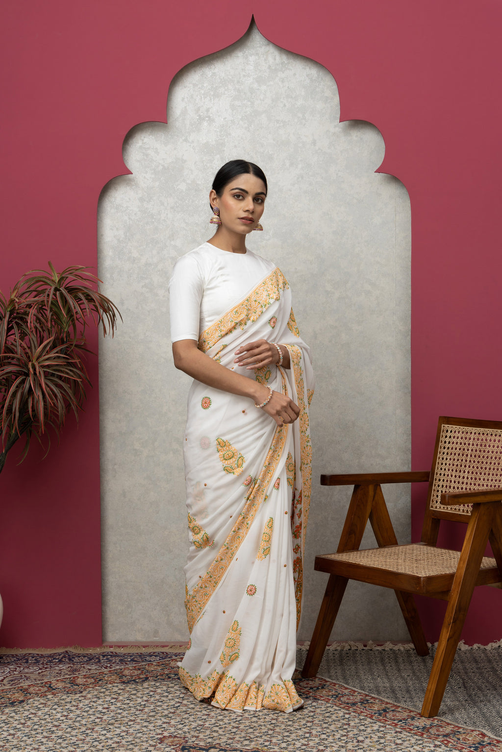 Off-White Saree with Colorful Chikankari Blouse – Elegant Handcrafted Ensemble