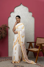 Off-White Saree with Colorful Chikankari Blouse – Elegant Handcrafted Ensemble