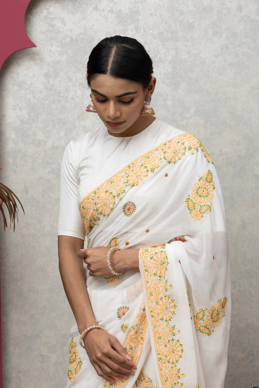 Off-White Saree with Colorful Chikankari Blouse – Elegant Handcrafted Ensemble