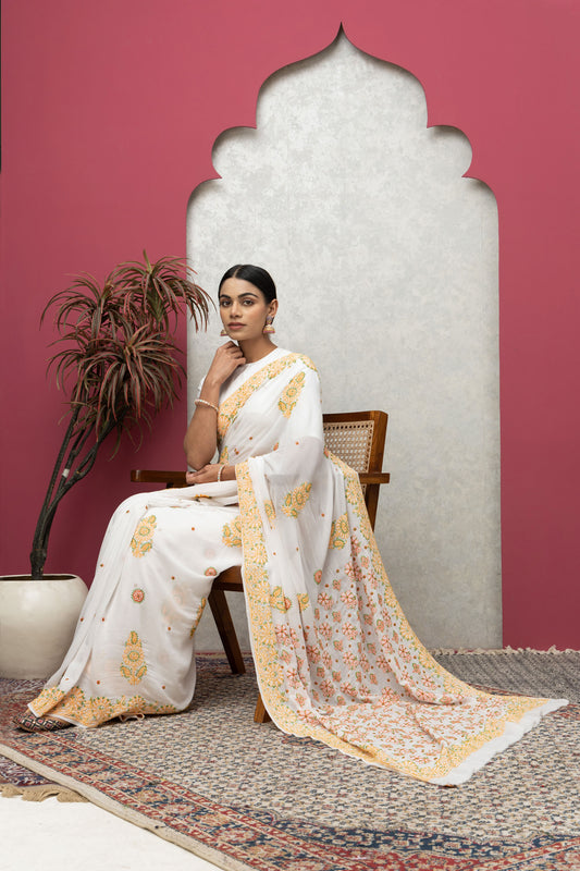 Off-White Saree with Colorful Chikankari Blouse – Elegant Handcrafted Ensemble