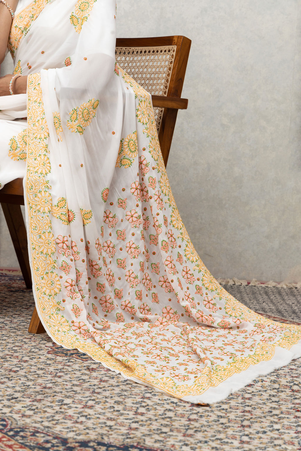 Off-White Saree with Colorful Chikankari Blouse – Elegant Handcrafted Ensemble