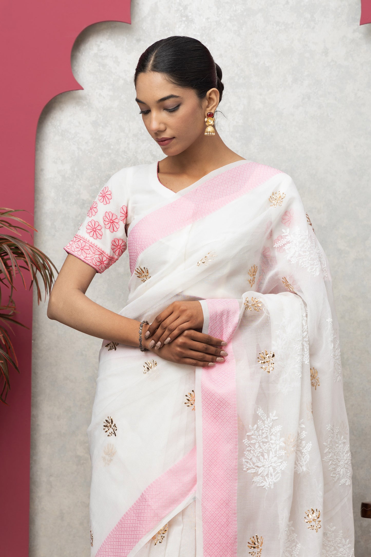 Kota Chanderi Saree with Chikankari & Pitta Work