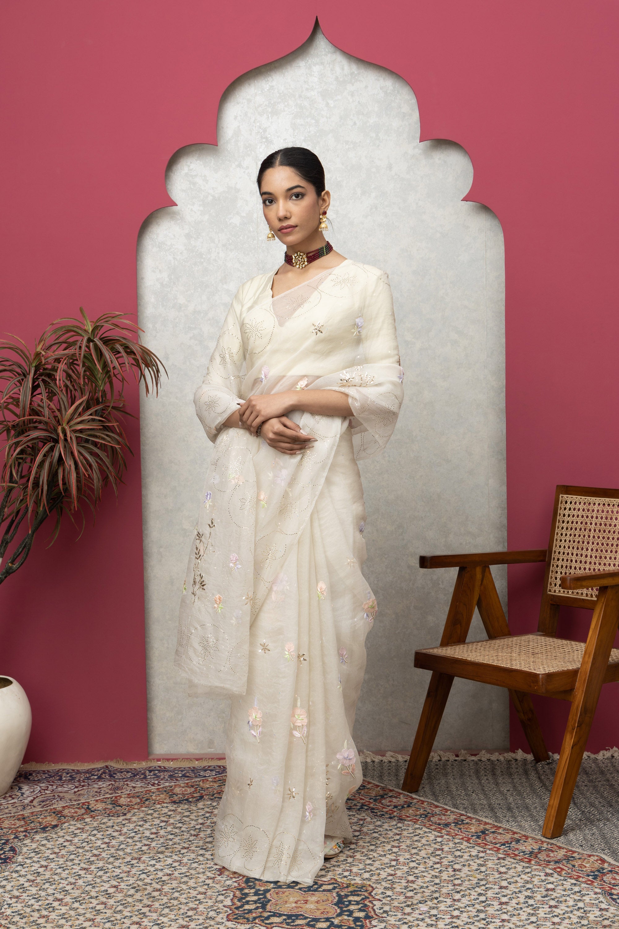 Soft White Organza Saree with Mukaish Work & Blouse – Timeless Grace