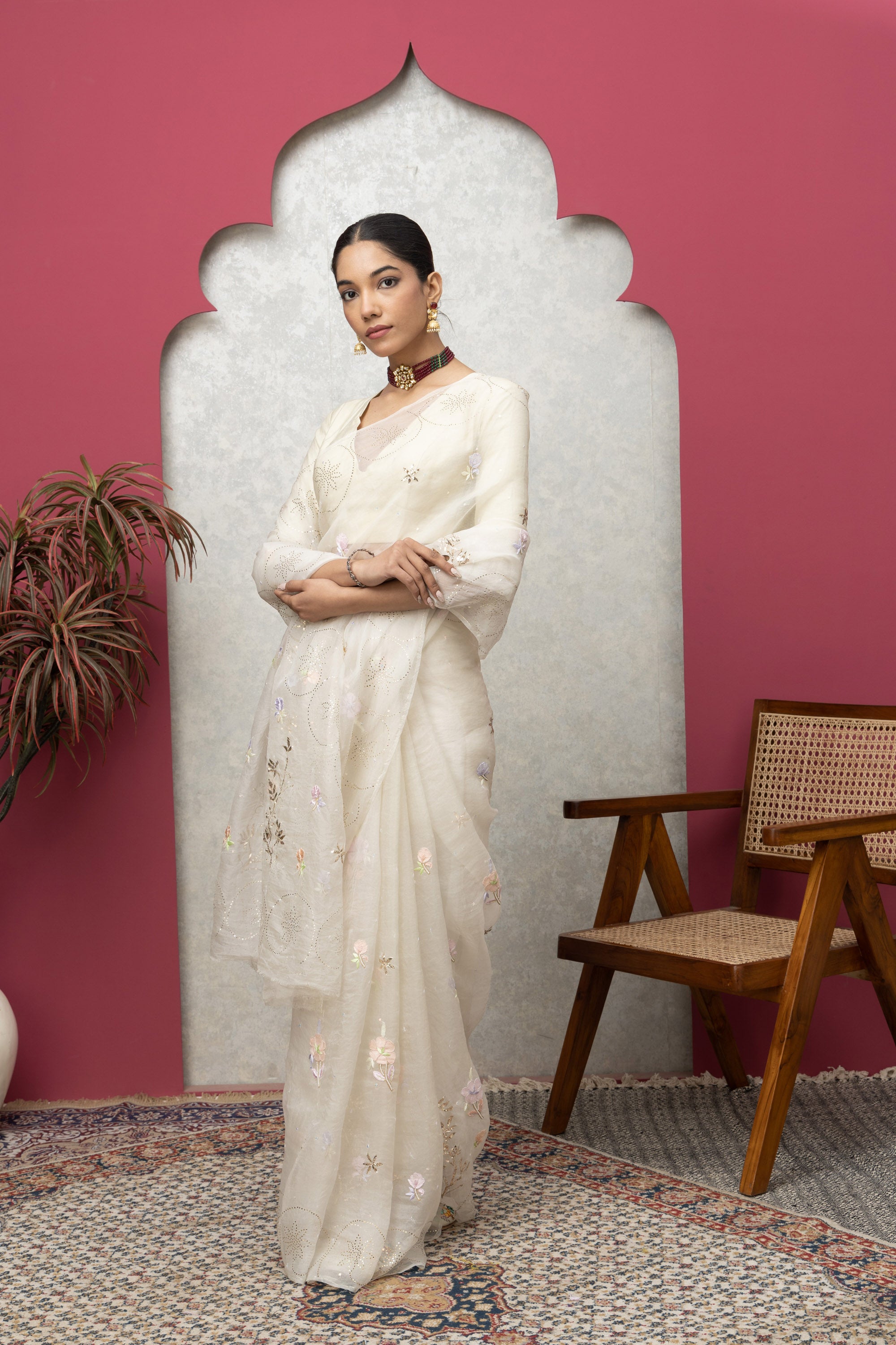 Soft White Organza Saree with Mukaish Work & Blouse – Timeless Grace