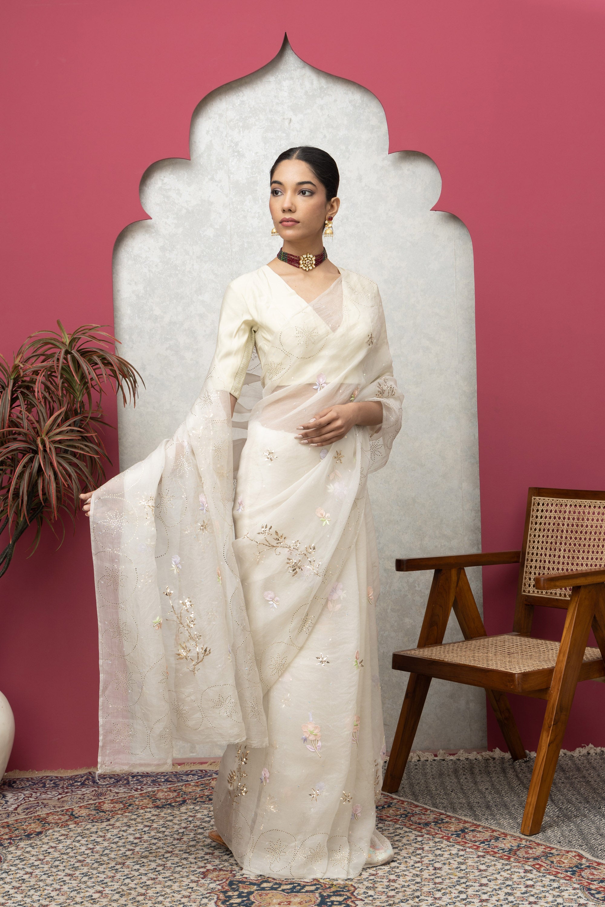 Soft White Organza Saree with Mukaish Work & Blouse – Timeless Grace