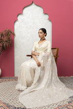 Soft White Organza Saree with Mukaish Work & Blouse – Timeless Grace