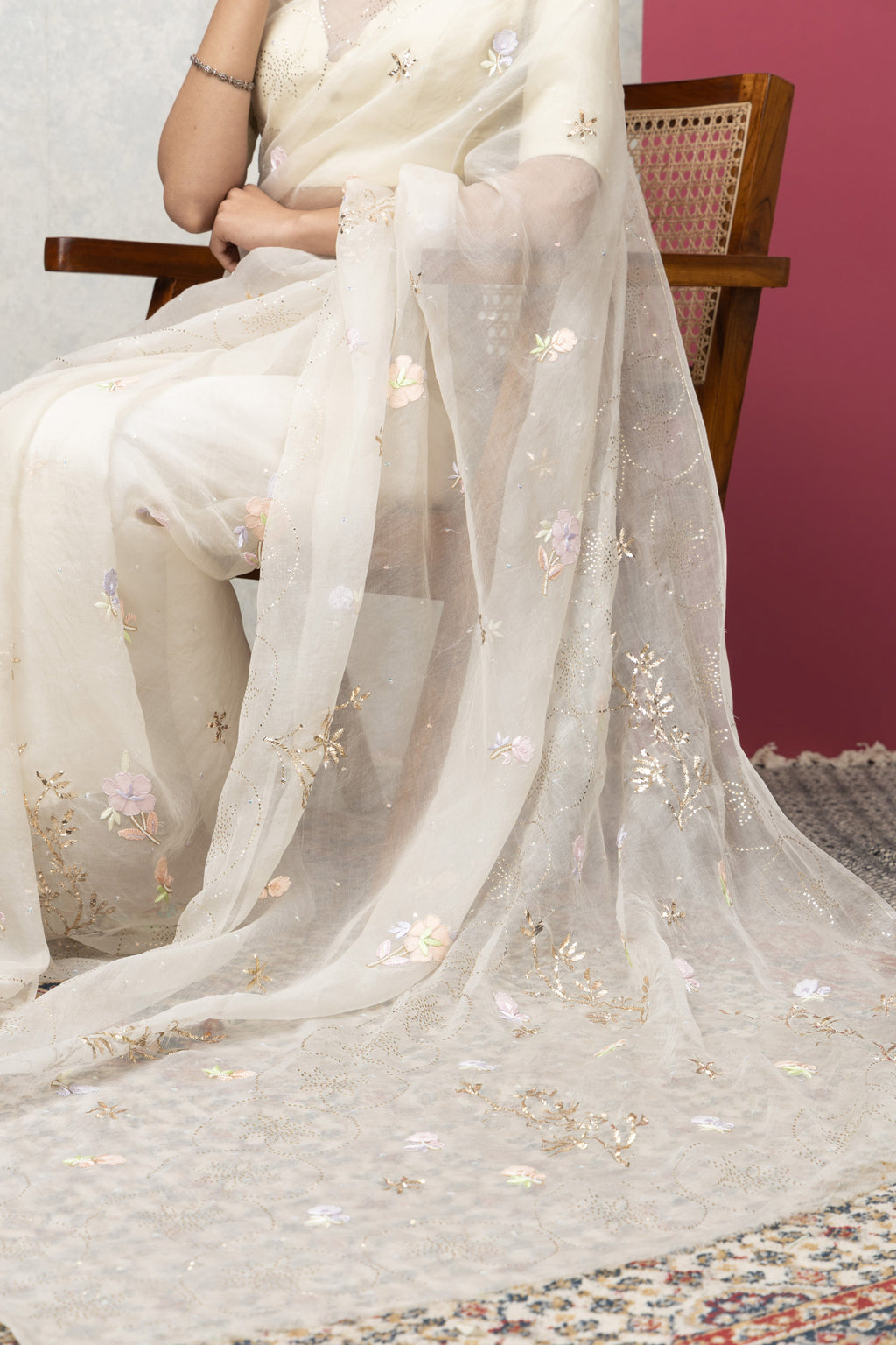 Soft White Organza Saree with Mukaish Work & Blouse – Timeless Grace