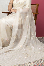 Soft White Organza Saree with Mukaish Work & Blouse – Timeless Grace