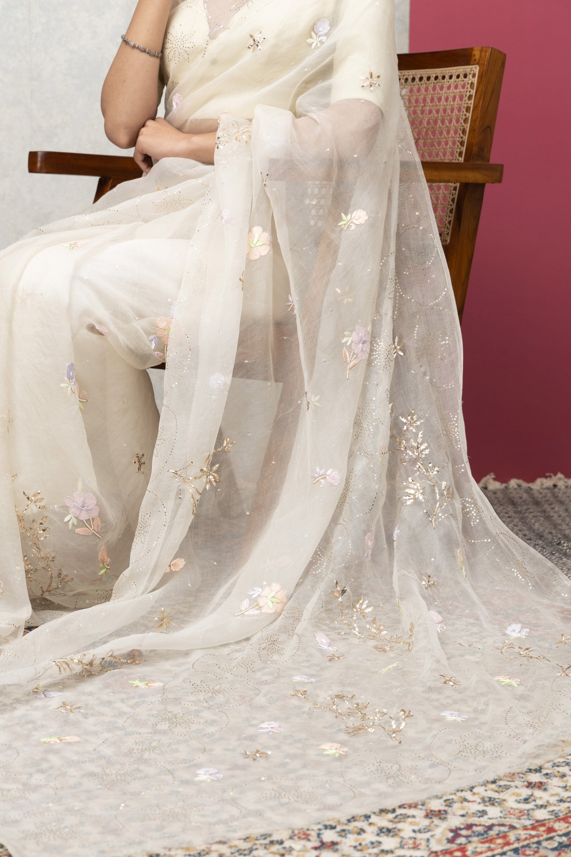 Soft White Organza Saree with Mukaish Work & Blouse – Timeless Grace