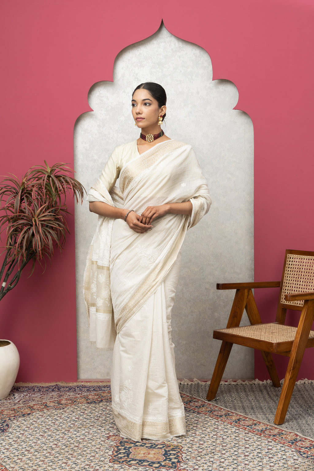 Beige Tissue Saree with Golden Border & Chikankari – Elegant Festive Grace