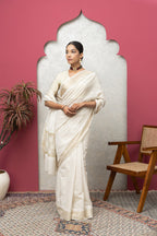 Beige Tissue Saree with Golden Border & Chikankari – Elegant Festive Grace