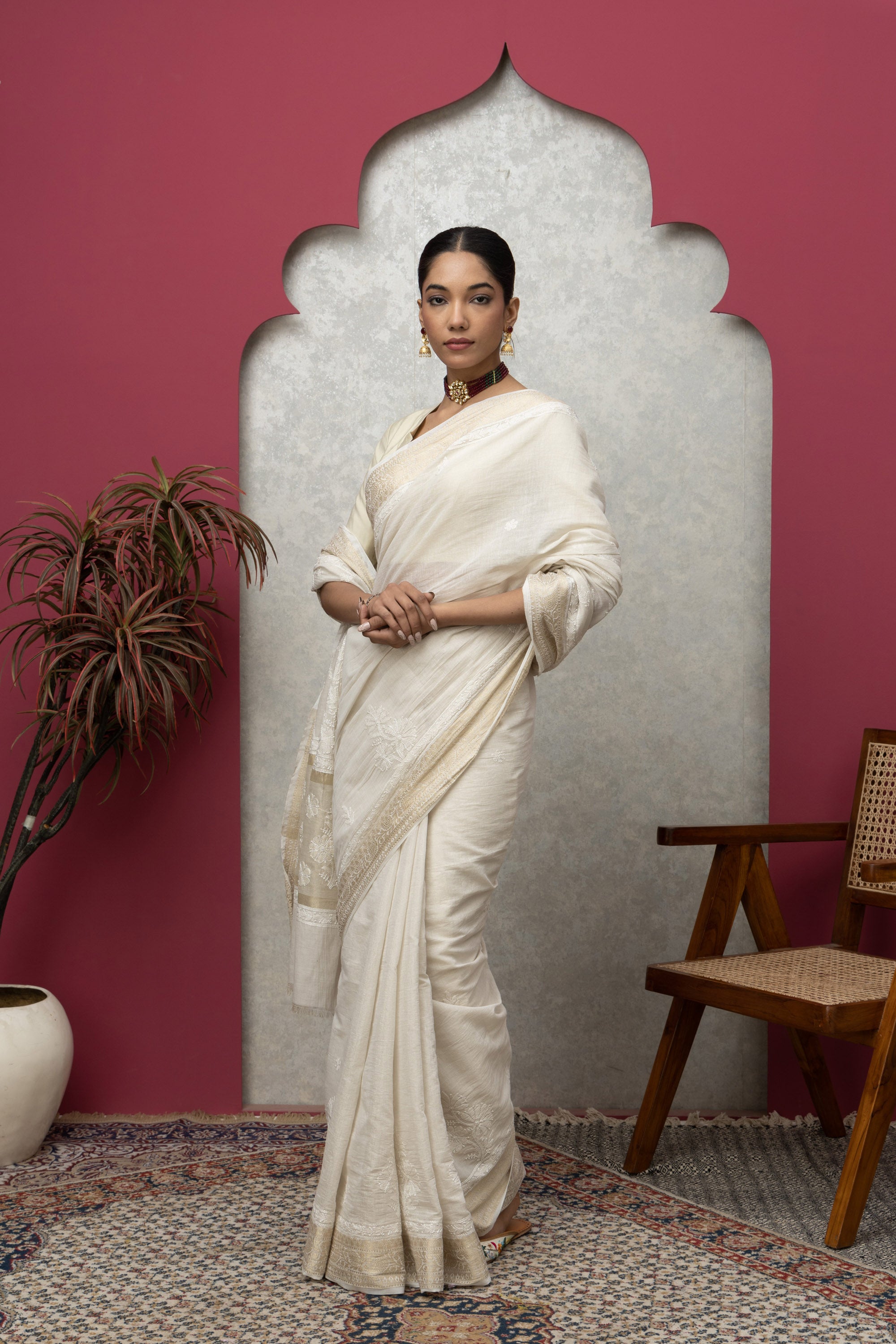 Beige Tissue Saree with Golden Border & Chikankari – Elegant Festive Grace