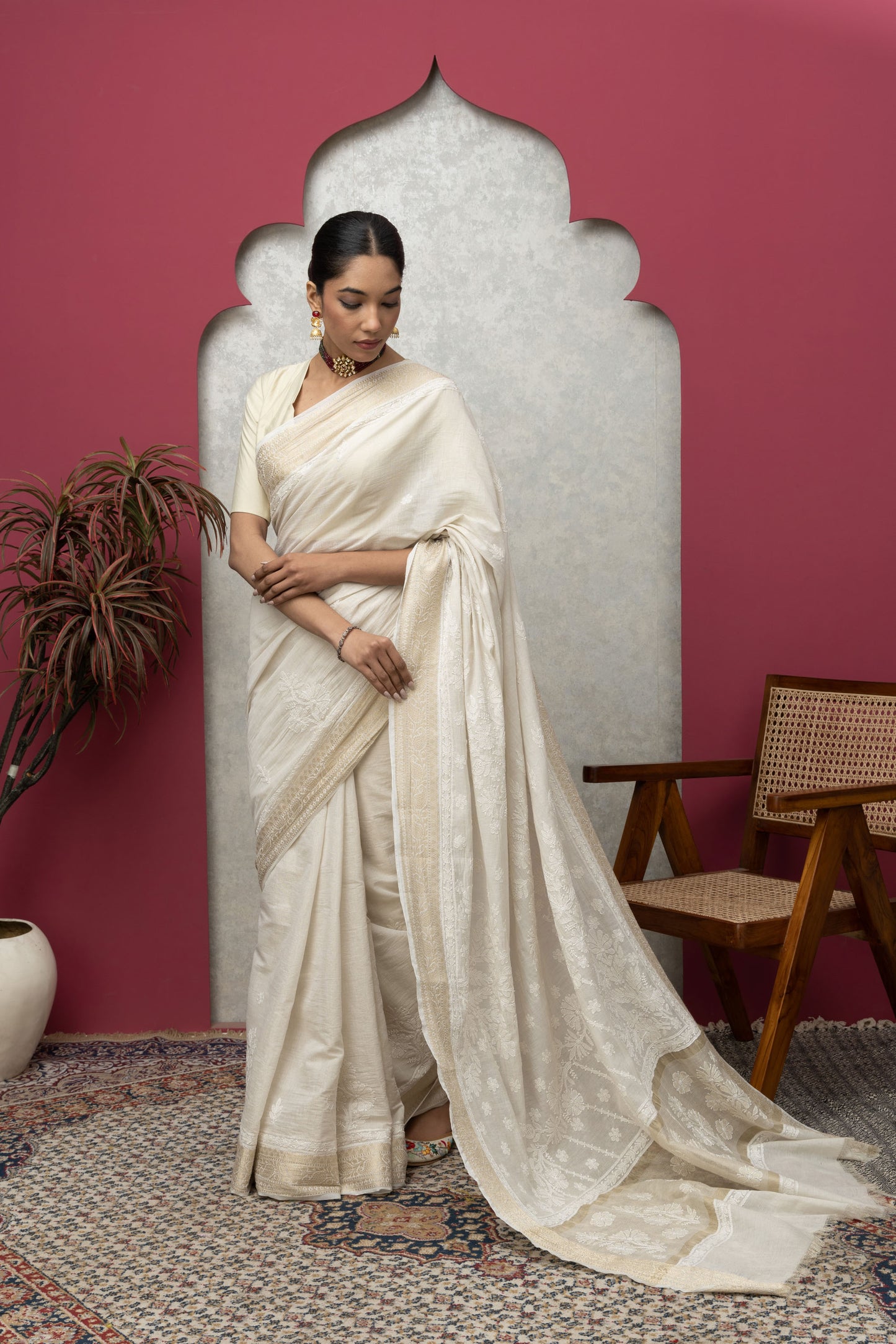 tissueBeige sareewithblouse+golden border+chikankari
