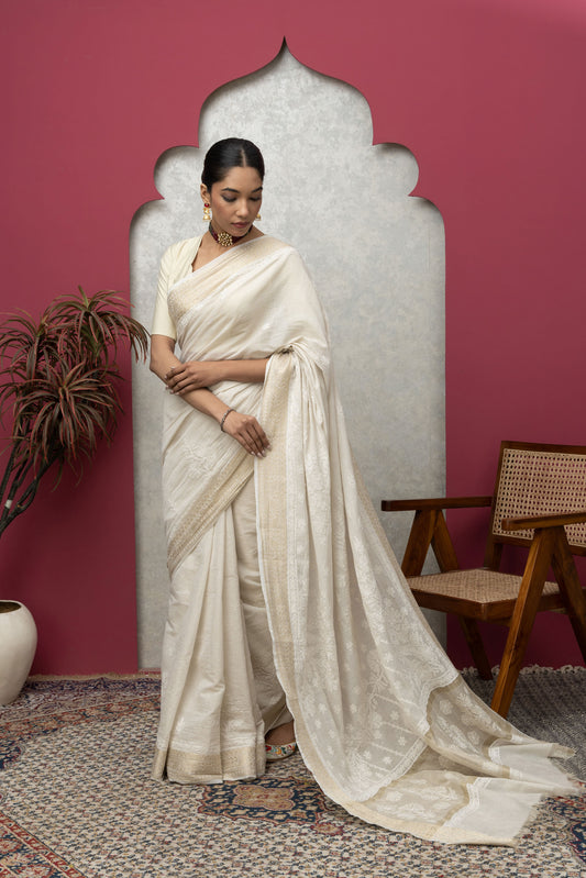 Beige Tissue Saree with Golden Border & Chikankari – Elegant Festive Grace