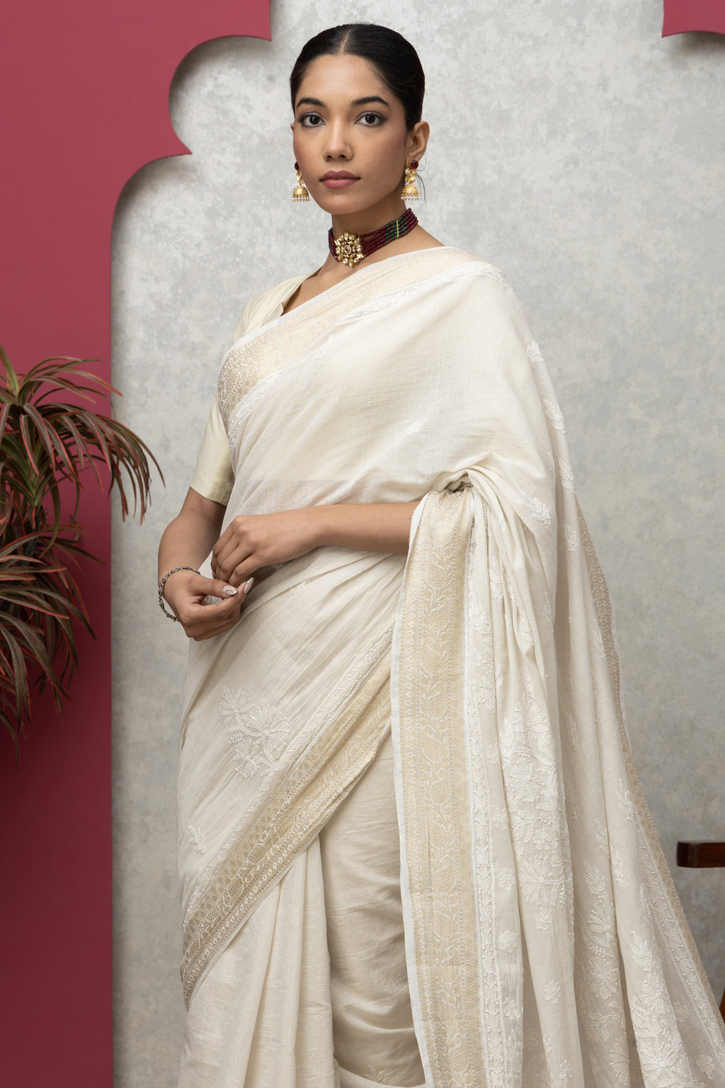 Beige Tissue Saree with Golden Border & Chikankari – Elegant Festive Grace