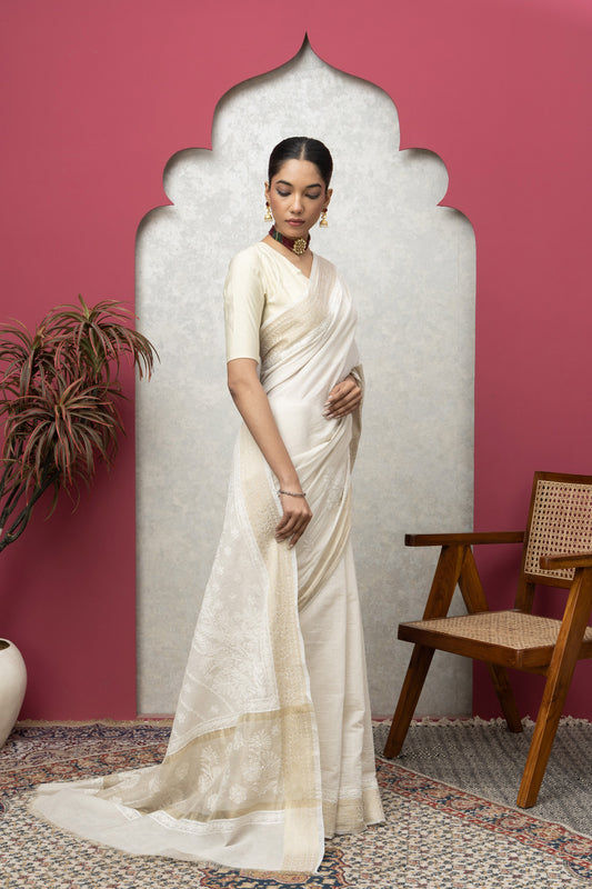 tissueBeige sareewithblouse+golden border+chikankari