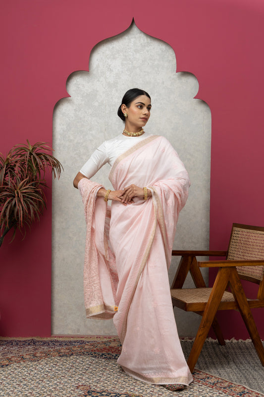 Baby Pink Chanderi Silk Saree with Blouse & Chikankari – Soft Elegance