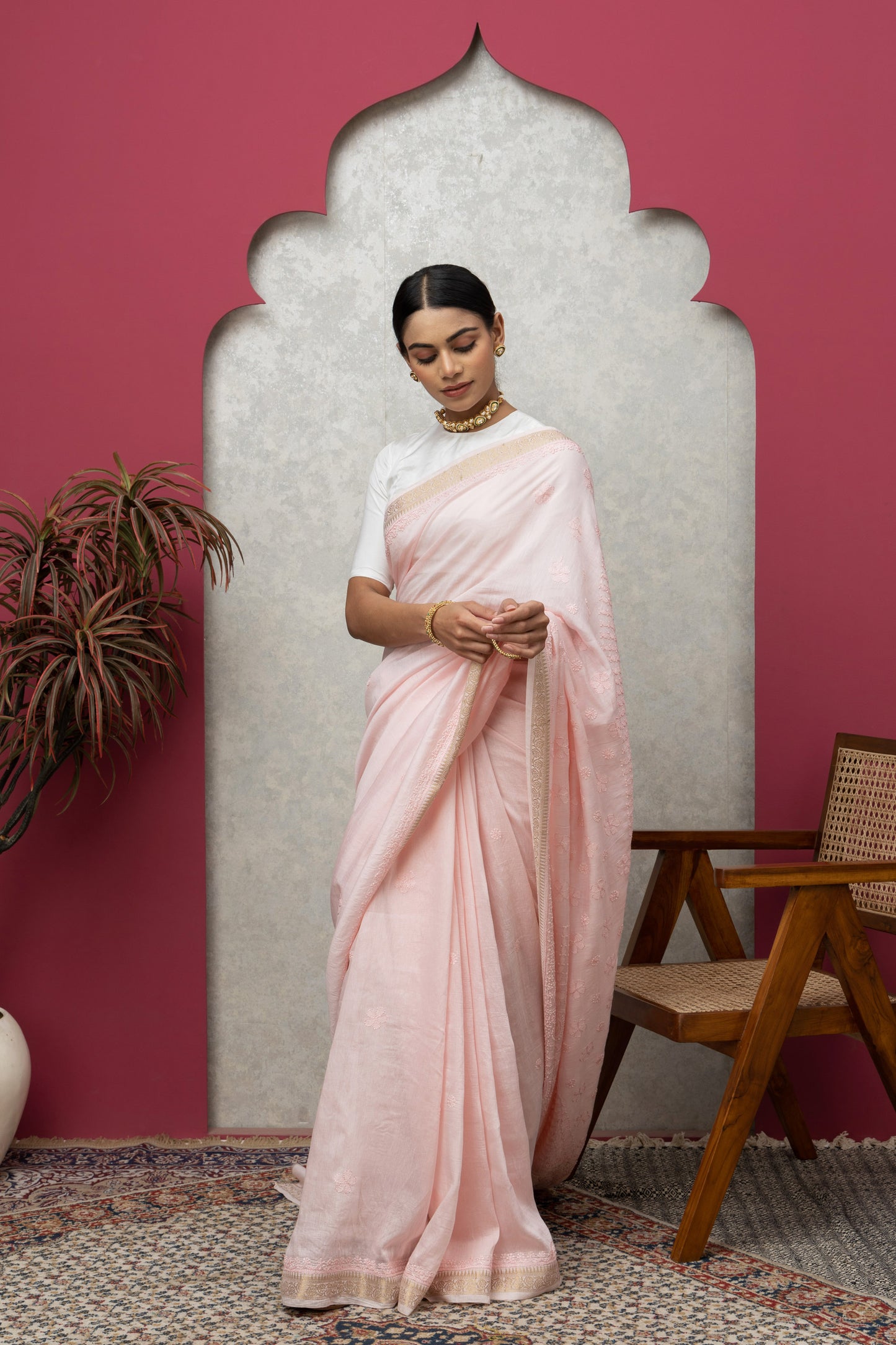 Chanderisilk babypink saree with blouse+chikankari