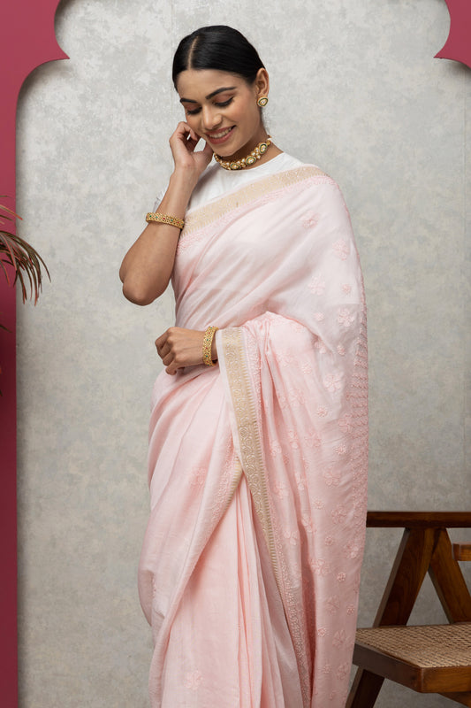 Chanderisilk babypink saree with blouse+chikankari