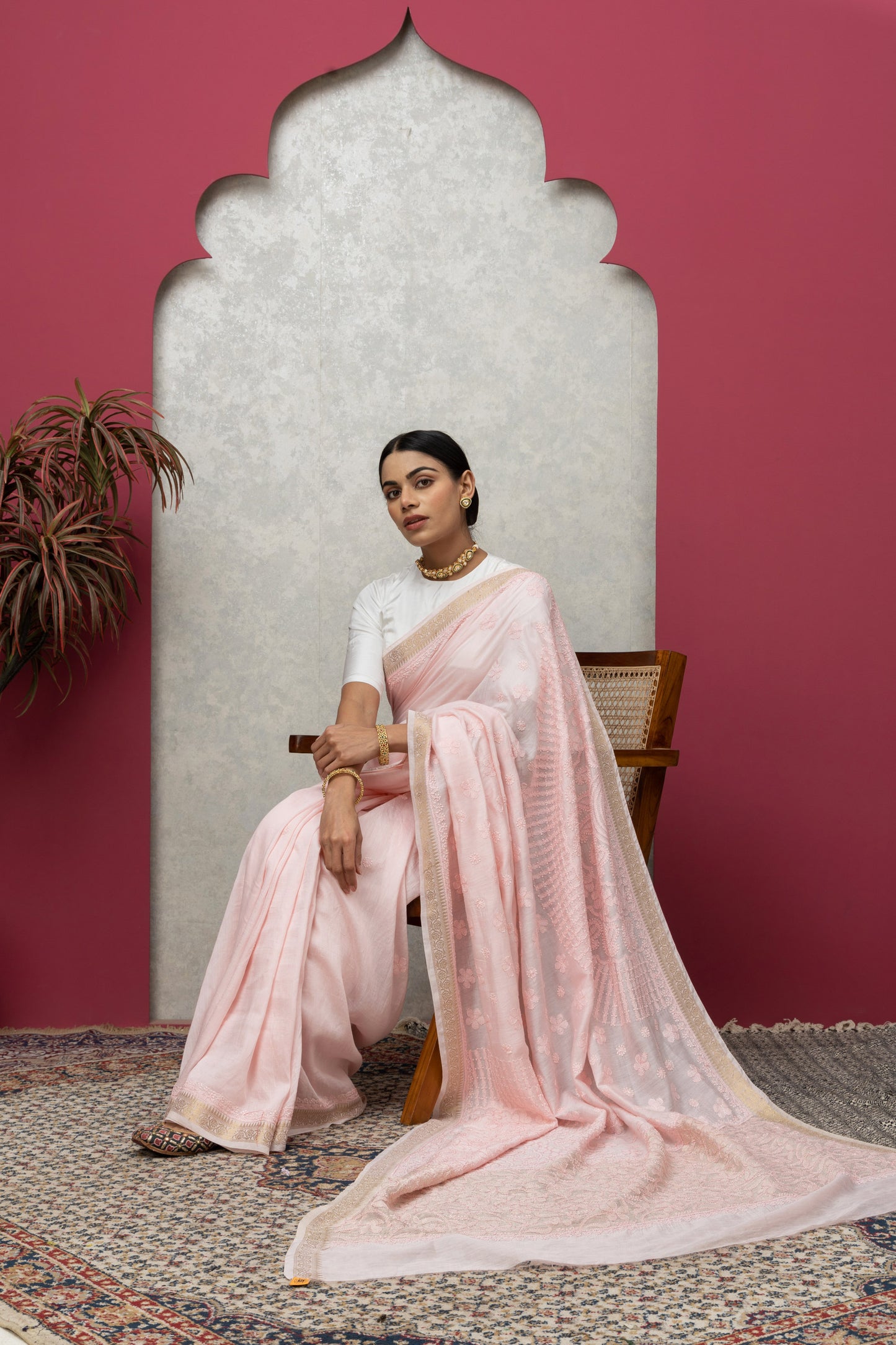 Chanderisilk babypink saree with blouse+chikankari