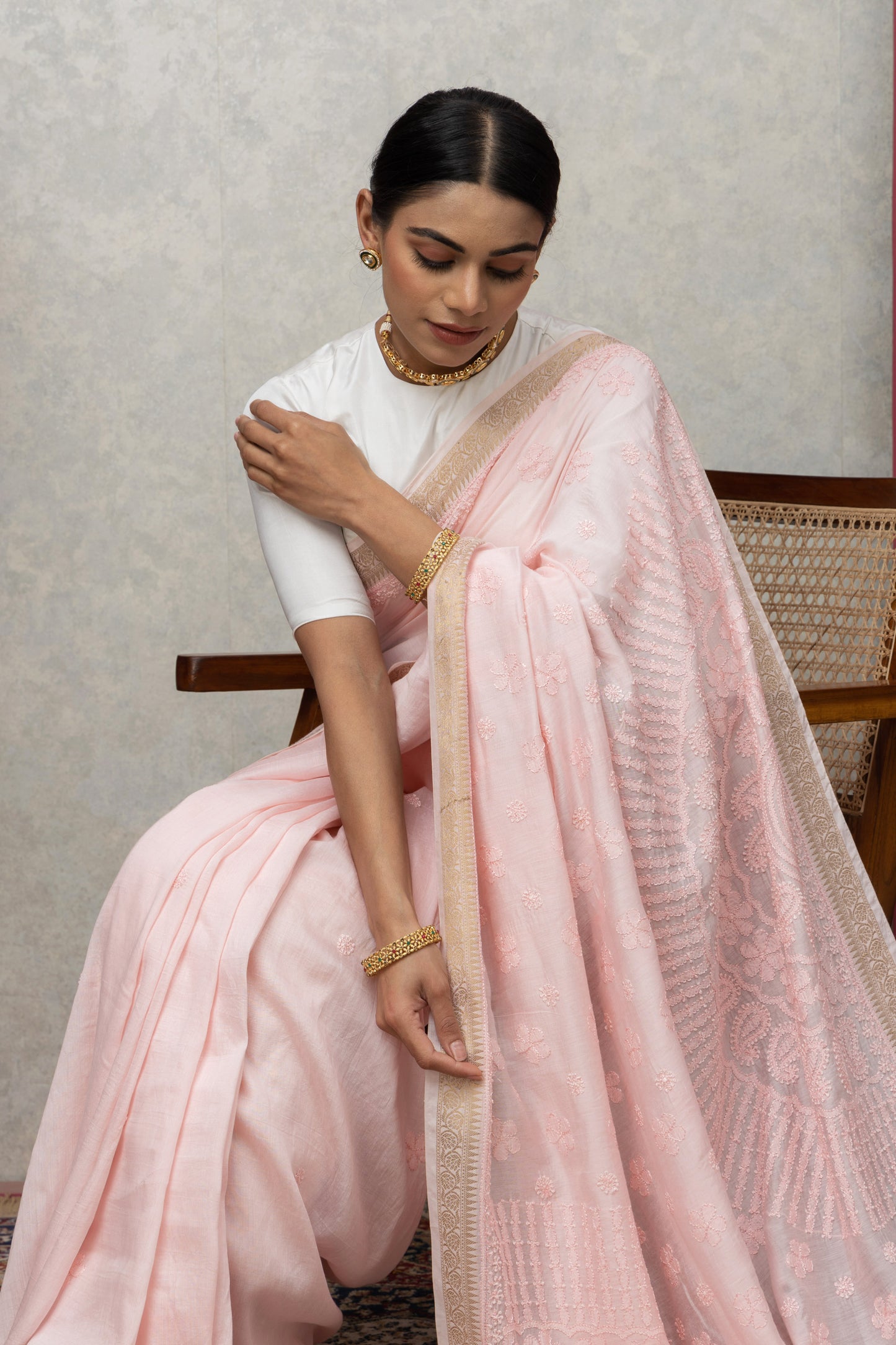 Chanderisilk babypink saree with blouse+chikankari
