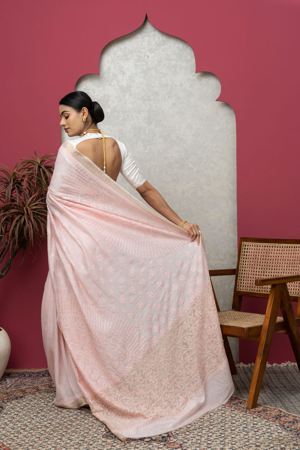 Baby Pink Chanderi Silk Saree with Blouse & Chikankari – Soft Elegance
