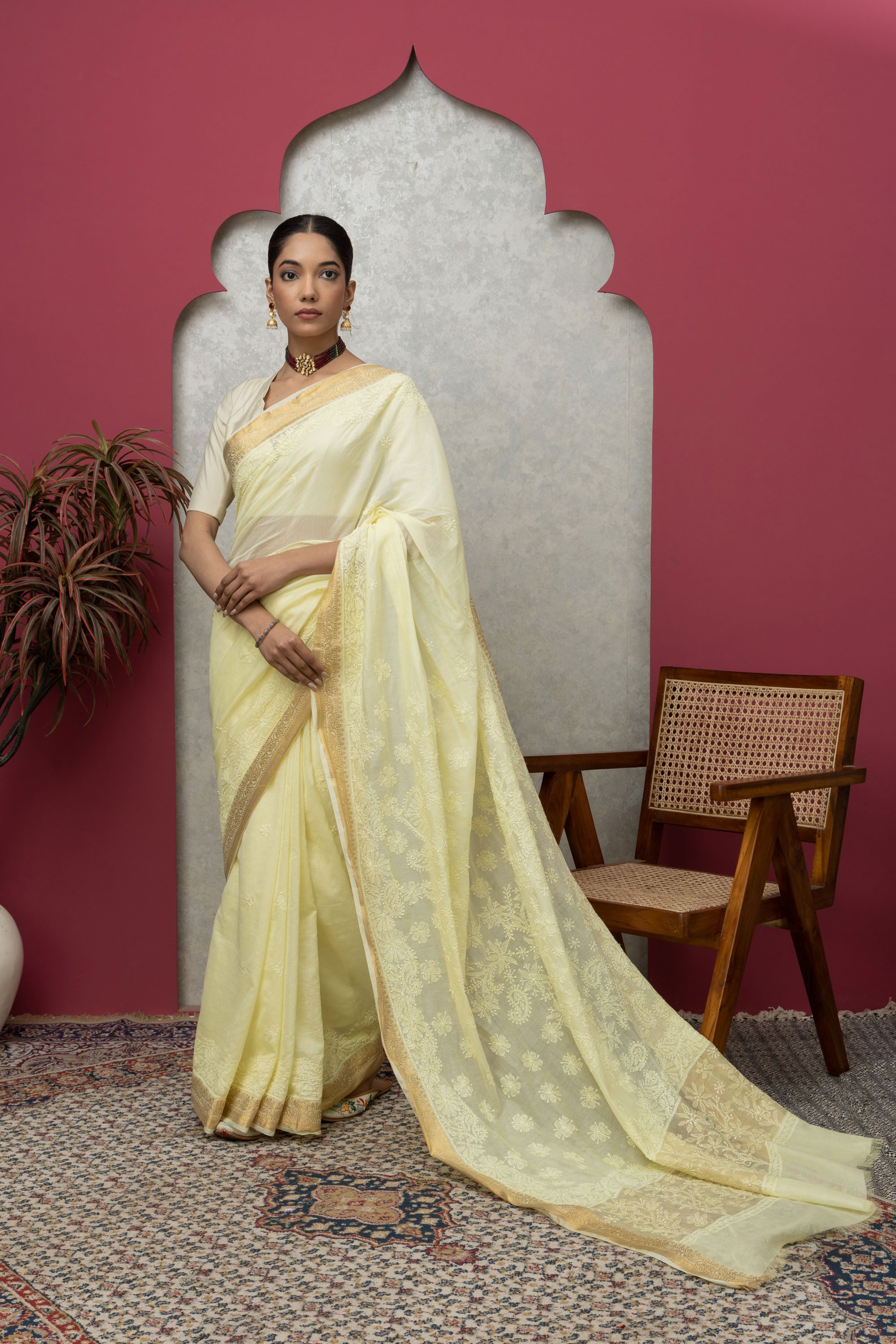 Lemon Yellow Chanderi Silk Saree with Blouse & Chikankari – Radiant Elegance