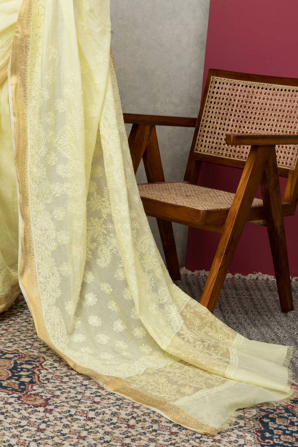 Lemon Yellow Chanderi Silk Saree with Blouse & Chikankari – Radiant Elegance