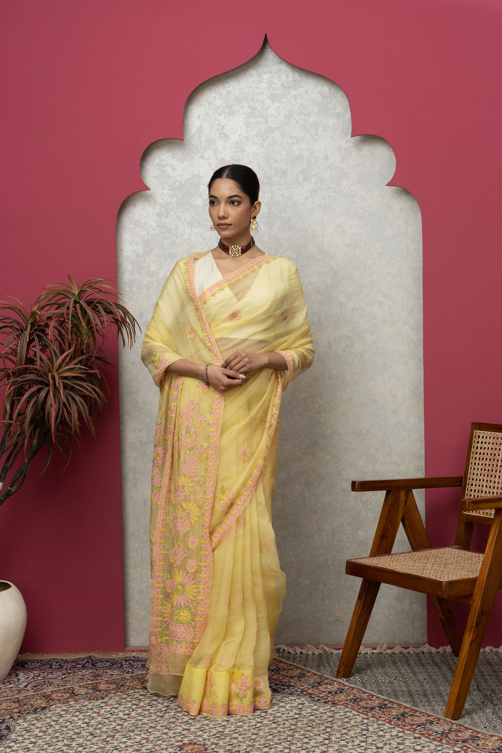 Elegant Yellow Organza Saree with Matching Blouse