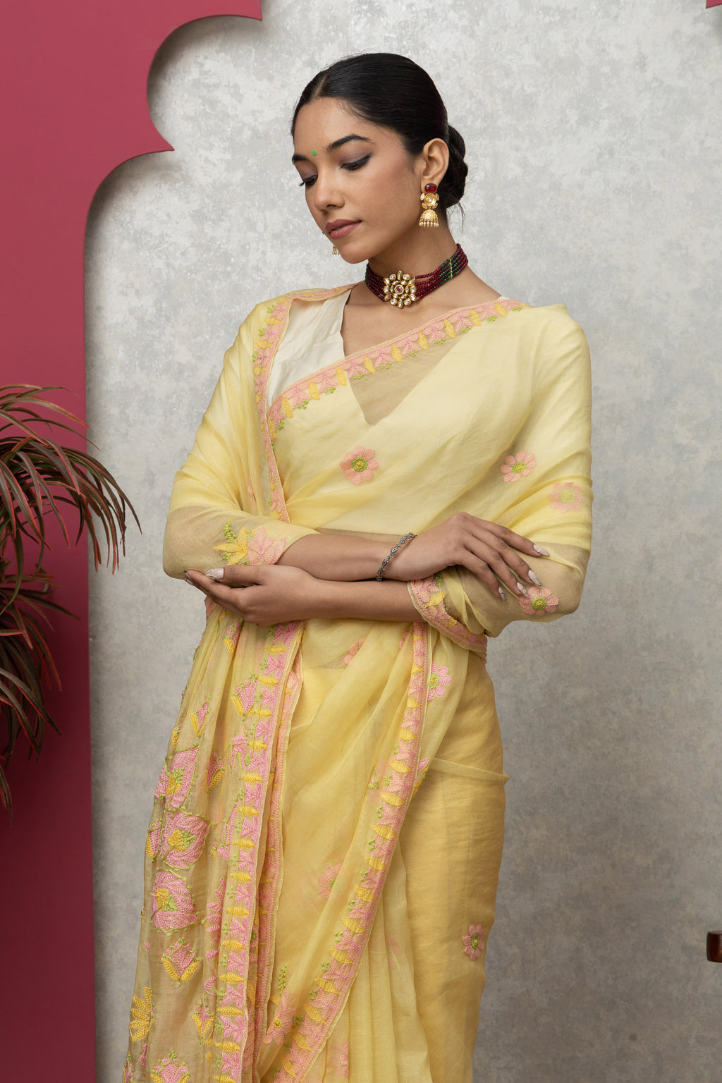 Elegant Yellow Organza Saree with Matching Blouse