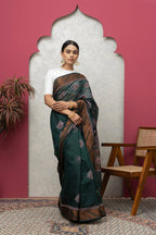 Bottle Green Chanderi Saree with Matching Blouse – Elegant & Lightweight