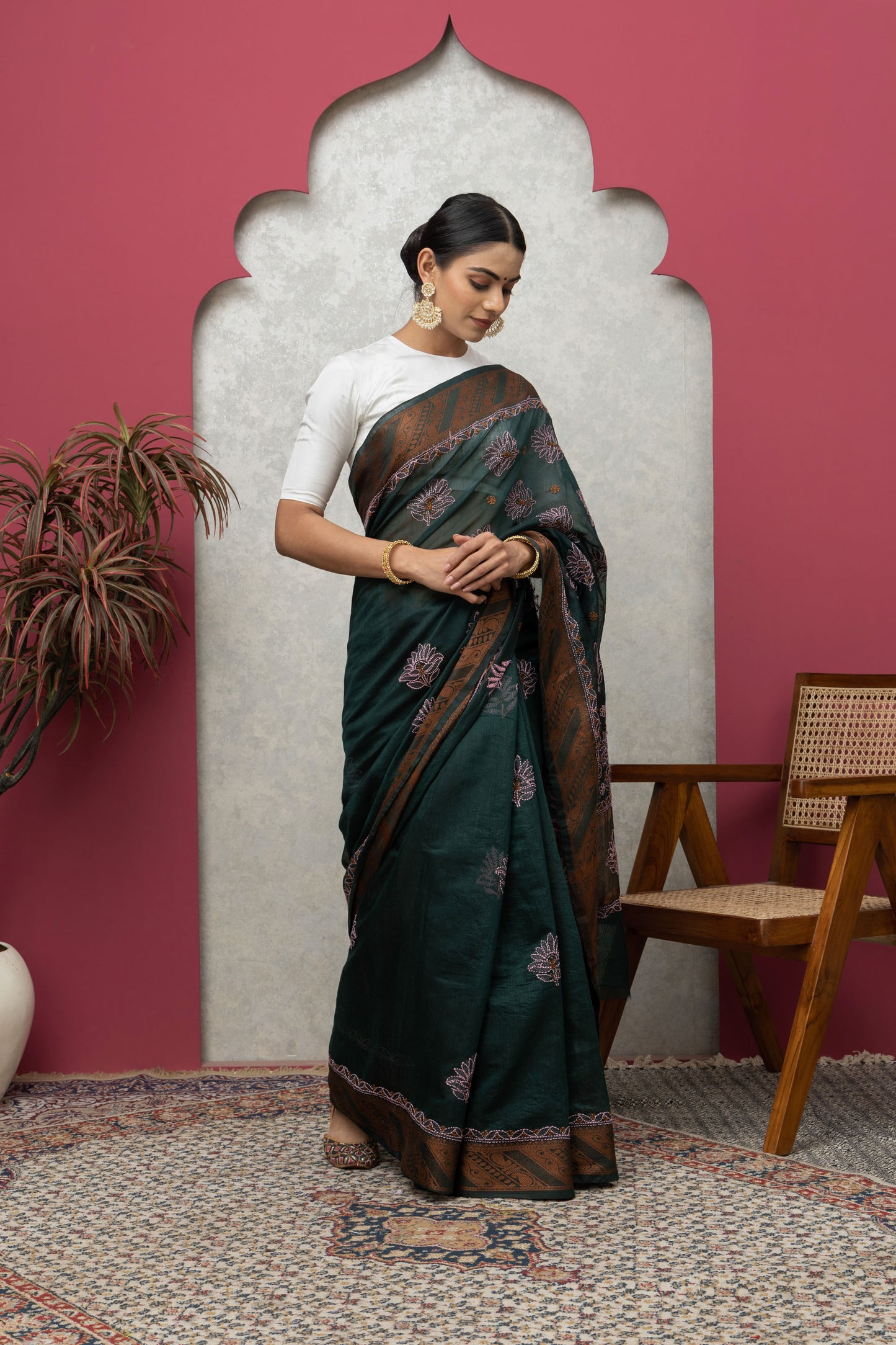 bottle  green chanderi saree with blouse