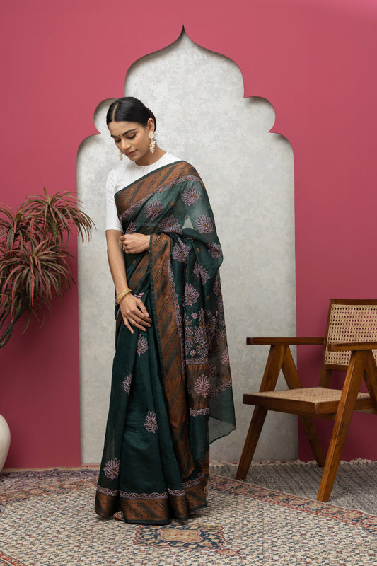 Bottle Green Chanderi Saree with Matching Blouse – Elegant & Lightweight