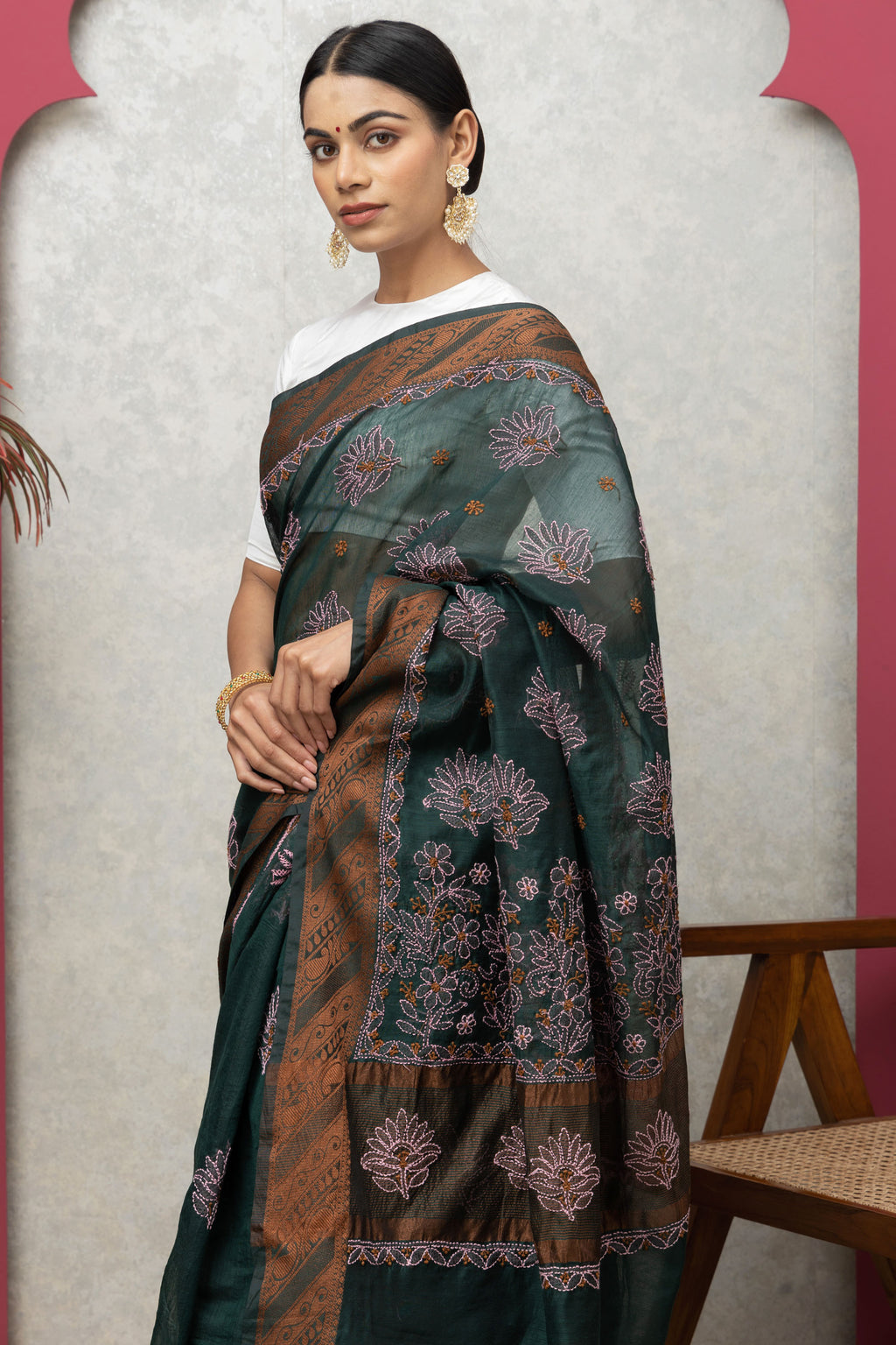 Bottle Green Chanderi Saree with Matching Blouse – Elegant & Lightweight