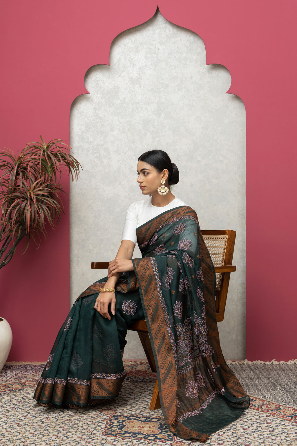 Bottle Green Chanderi Saree with Matching Blouse – Elegant & Lightweight