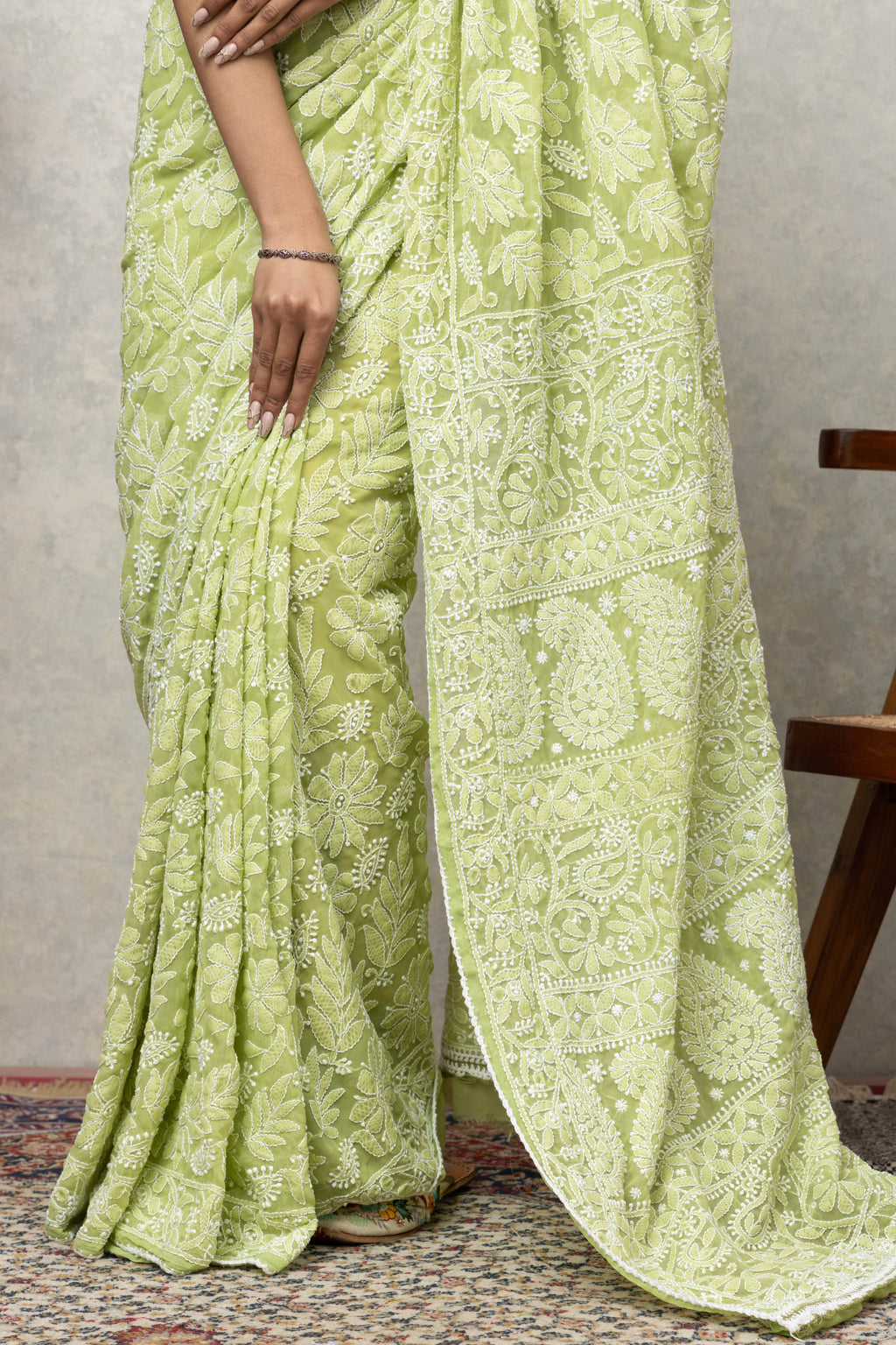 Green Georgette Saree with Matching Blouse – Elegant & Flowing