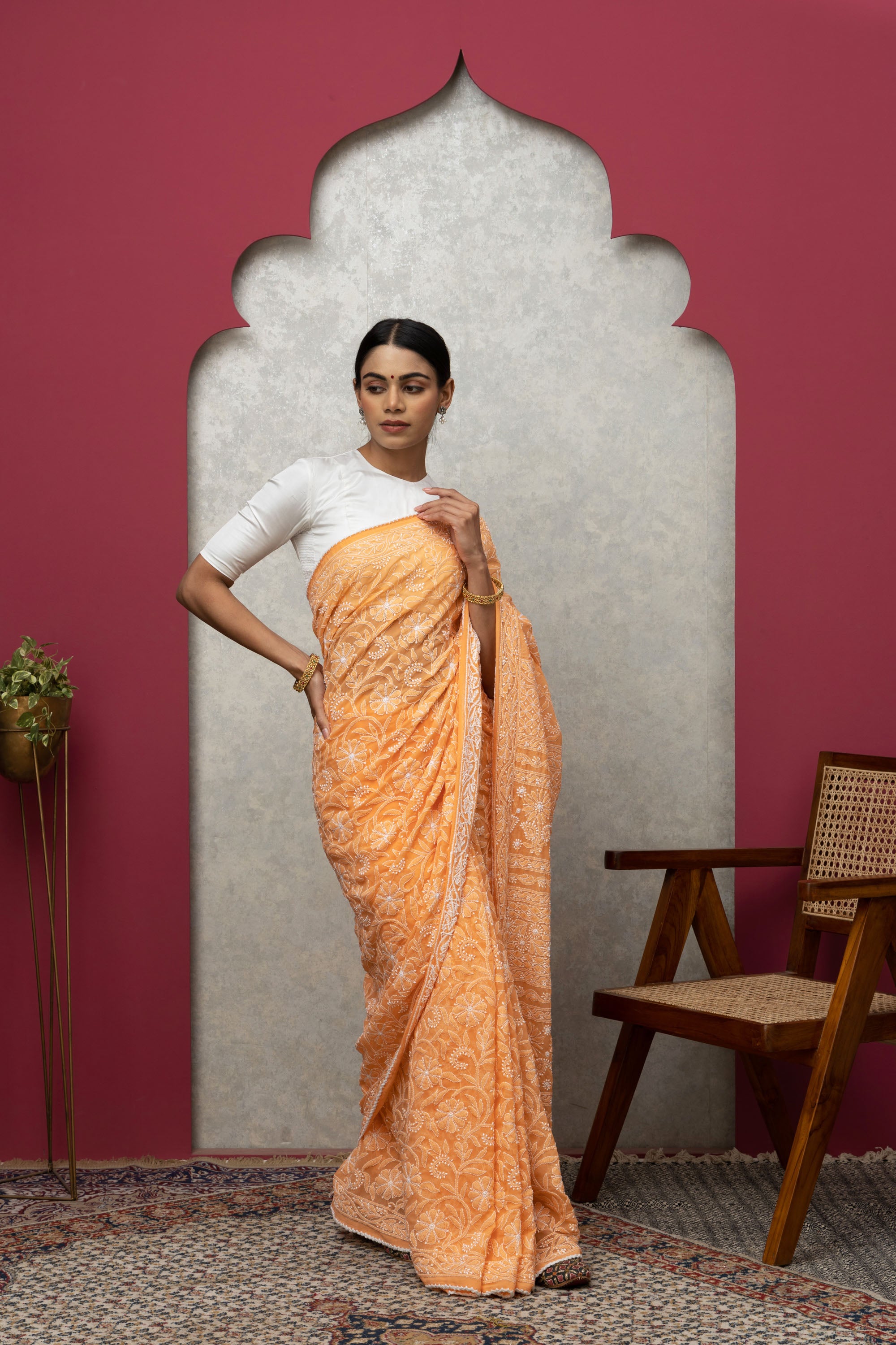 Orange Chikankari Saree with Blouse – Elegant Handcrafted Ensemble