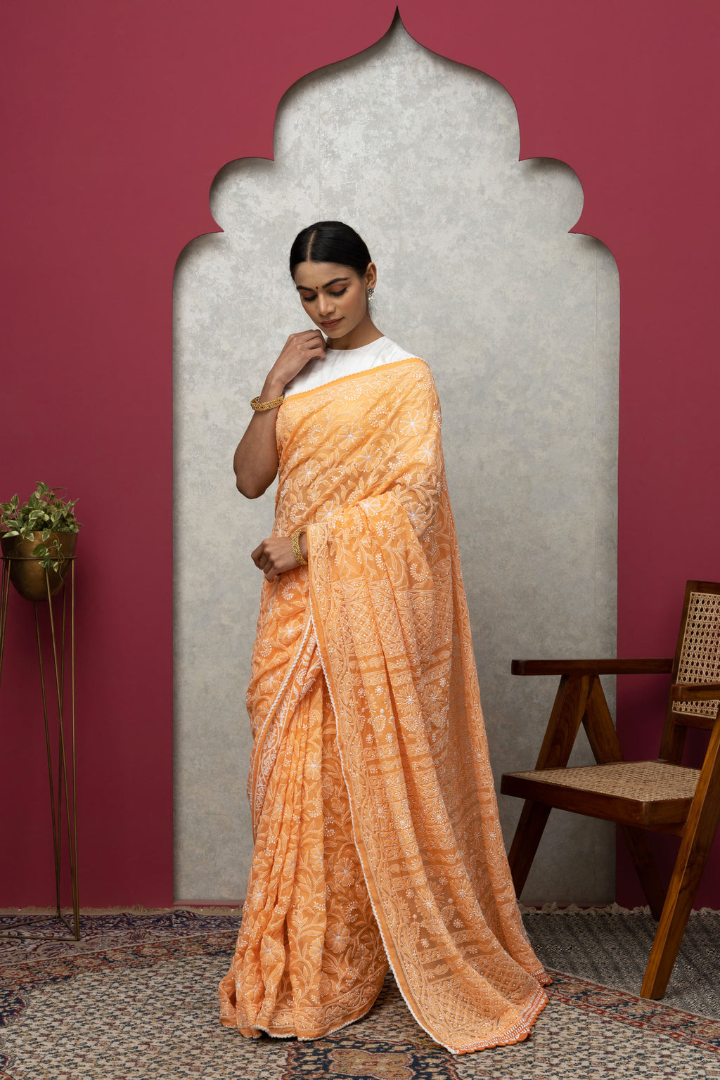 Orange Chikankari Saree with Blouse – Elegant Handcrafted Ensemble