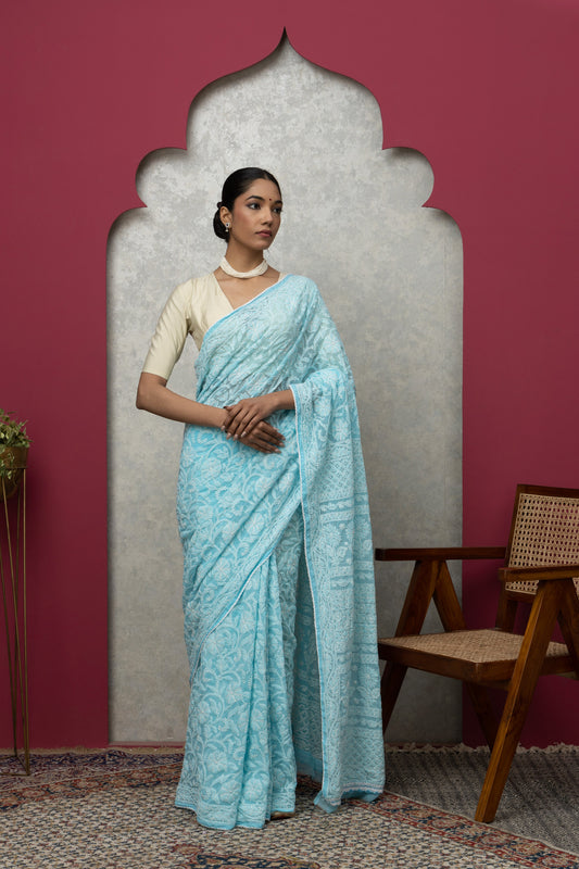 blue georgette saree with blouse+fulljall+white chikankari
