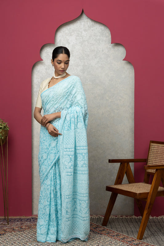 blue georgette saree with blouse+fulljall+white chikankari