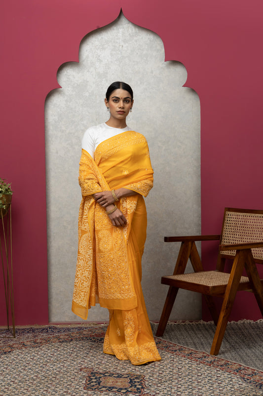 Chanderi silk orange saree with blouse+chikankari
